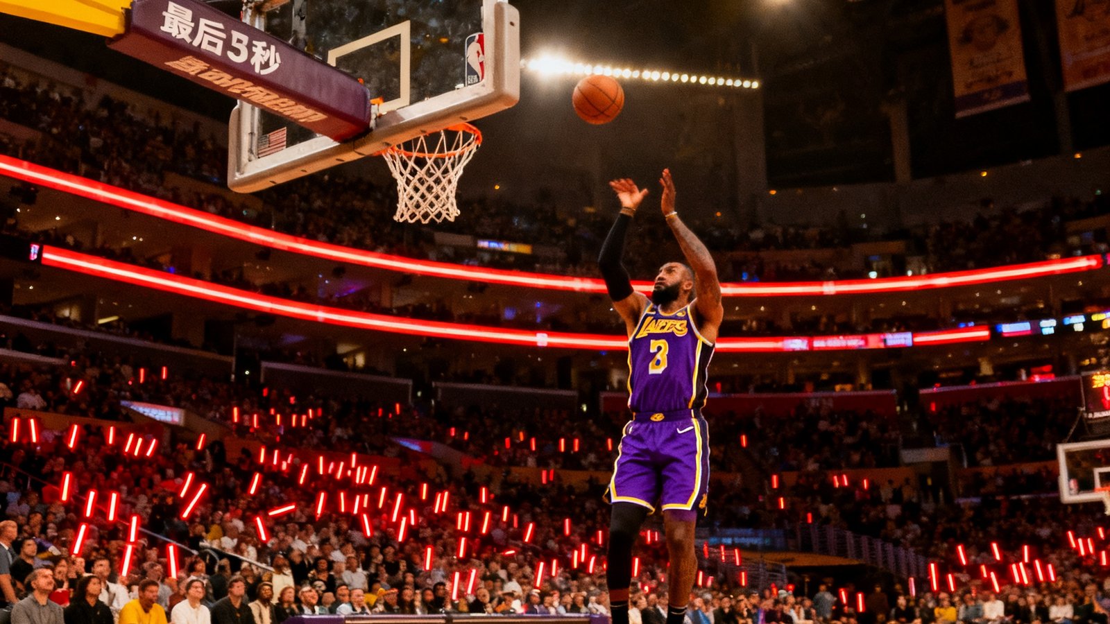 NBA季后赛精彩瞬间，湖人队球星穿着紫金战袍在三分线外高高跃起跳投，球馆内万余名观众屏息注视，篮筐上方计时器显示最后3秒