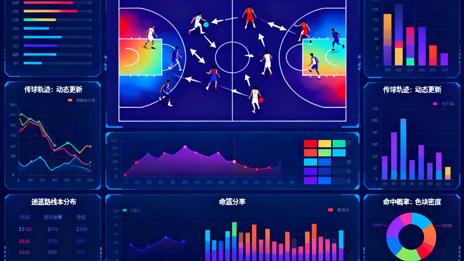 腾讯体育自研AI赛事数据系统界面，实时显示球员跑动热力图、传球路线分析和投篮命中率分布，数据可视化图表丰富
